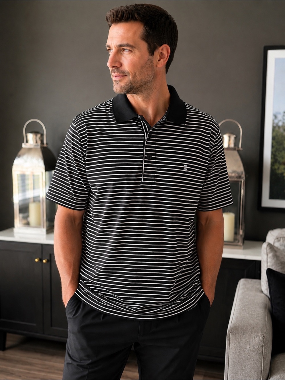 IZOD Golf Black White Striped Performance Polo Shirt XXL